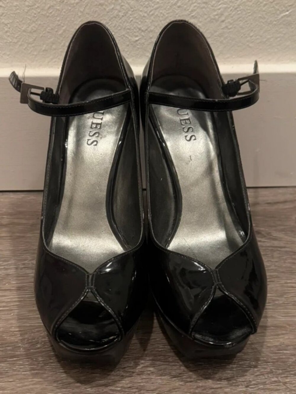 Guess Black Patent Peep Toe Heels | Size 7